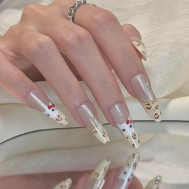 24 Pcs Almond Press on Nails Long - Fake Nails Almond Nail Tips Acrylic Press on Nails Yellow Press on Nails Full Cover Nail Tips Cat Eye Press on Nails Y2k Nails Flowers Cat Designs for Girls