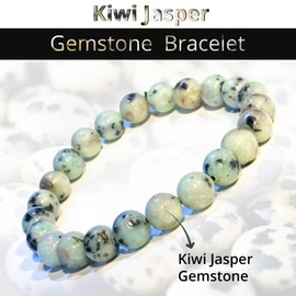 Kiwi Jasper Bracelet, Natural Healing Crystal Bracelet for Women and Men, 8mm Round Beaded Bracelet for Spiritual, Protection, Positive Energy, Elastic Adjustable Size Gemstone Bead Bracelet