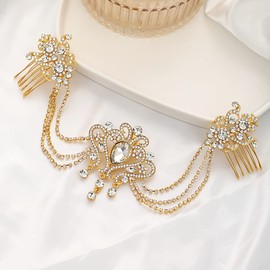 JWICOS Wedding Prom Head Chain with Comb for Brides Layered Crystal Rhinestone Hair Accessories Headpiece for Women and Girls (Gold)