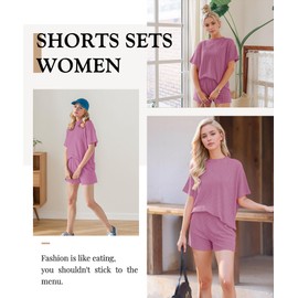 MARZXIN Women's 2 Piece Outfits Summer Tracksuit Ribbed Textured Knit Loose Lounge Shorts Set Short Sleeve Matching Sets Phalaenopsis M