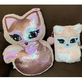 JUSTICE FOX PILLOW & DIARY  FAUX FUR W/ LOCK & KEY FLIP SEQUINS SUPER CUTE SET!