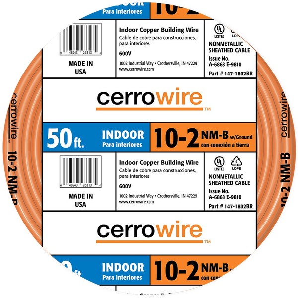 Cerrowire 147-1802BR 50-Feet 10/2 NM-B Solid with Ground Wire, Orange