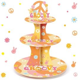 Nuenen 3 Tier Groovy Hippie Cupcake Stand Party Decorations - Retro Boho Holder With Daisy Flower and Rainbow Dessert Tower for Teens Adults Theme Birthday Party (Stylish)
