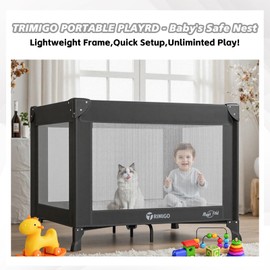 Trimigo Portable Travel Crib & Playpen - Baby Safe Folding Travel Bed w/Mattress, Breathable Mesh | Compact Lightweight Baby Bed | Pack and Play for Babies & Toddlers (Black)