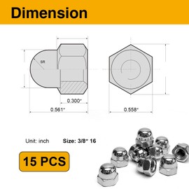 Mrosnail 3/8-16 Acorn Nuts Kit - 15PCS, 304 Stainless Steel, Metric Hex Cap Nut Assortment, Dome Head for Indoor & Outdoor Use