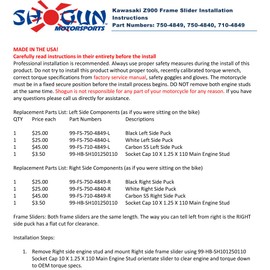 Shogun USA Made Kaw Z900 Z 900 No Cut PA2 Frame Sliders Black 2017 2018 2019 2020 2021 2022 2023 2024 2025 Fits ABS & Non ABS Models - 715-4849