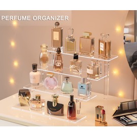 Acrylic Tiered Display Stand Shelf, 12” Acrylic Perfume Stand Organizer Large Acrylic Display Riser, Clear Display Shelf for Perfume Cologne Makeup Dessert Collectibles Decoration (3 Pack)