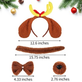 PAJXNJC Deer Antler Headband With Dog Ears, Headband+Nose+Bow Tie+Tail Christmas Party Favors - For Women Man Dog - For School Party Supplies(Coffee)