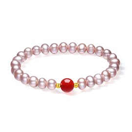 ZHOU LIU FU 18K Gold Bracelet Women's Pearl Bracelets Gemstone Bracelet Agate Natural Stone Stretch Bangle Healing Stones Bead Bracelets Adjustable Purple Pink Natural Pearl Bracelet for Women 17 cm,