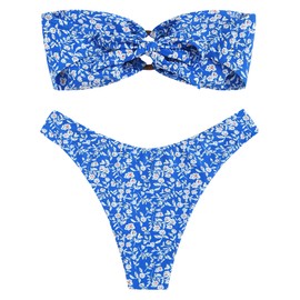 ZAFUL - Traje de baño de dos piezas para mujer con anillo o sin tirantes, con lazo en la espalda, corte alto, 5-floral azul, M
