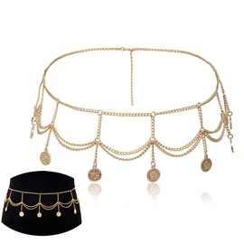 Jurxy Body Belly Waist Chain Bikini Beach Body Chain Multilayer Belly Belt Coin Pendant Belly Chain Alloy Waist Chain for Women - Gold 0457, Alloy