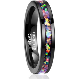 Vakki Women Men Black Color Synthetic Opal Tungsten Carbide Black Wedding Band Comfort Band Ring Size J to Z Available, Tungsten Carbide, Opal