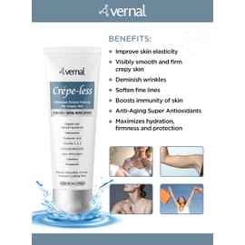 Vernal Crepe-less skin firming cream to reduce crepey arms, neck & hands. Organic tightening cream to reduce thin dry wrinkled skin. Best moisturizer to treat dry thin arms. Made in USA (6 Oz)