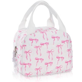 UUYUUY Lunch Bag for Women Ribbon Bow Insulated Lunch Box Reusable Cooler Bag Portable Cute Corduroy Leakproof Tote Bags for Travel, Work, and Picnic