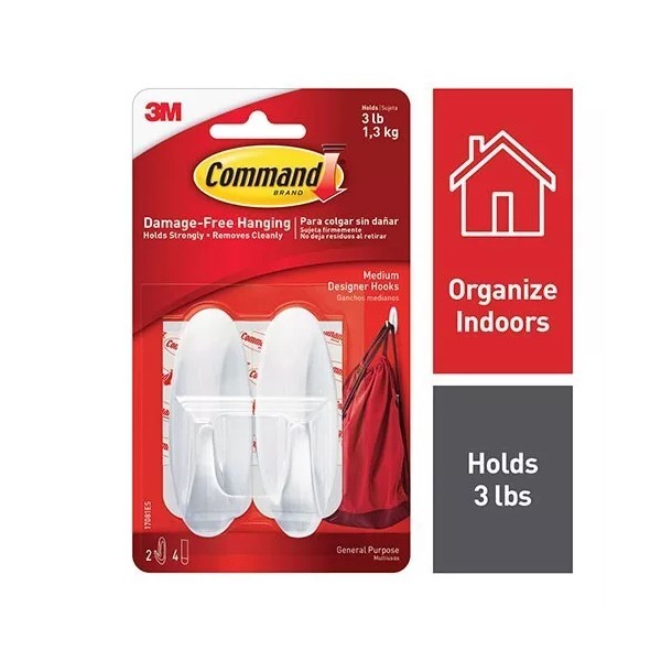 Command Medium Designer Hook 2/Pk White 3lb Capacity School Office