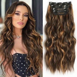 ALXNAN Clip in Hair Extension,Synthetic Long Wavy Hair Extensions 20 Inch Black 4PCS Thick Hairpieces for Women - Color: Medium Brown Mix Caramel Brown, Size: 20 Inch