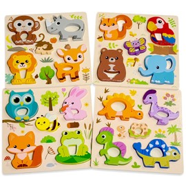 Kulveanju Wooden Puzzle from 1 Year, Pack of 4 Animal Puzzle Wood, Montessori Wooden Toy Baby, Learning Educational Gripping Puzzle Motor Skills Toy Baby Toy Gift Girls and Boys Children from 2 Years