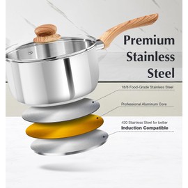 KOCH SYSTEME CS Stainless Steel Saucepan Set, 4-Piece Stainless Steel Sauce Pan with Cool-Touch Bakelite Handle, 1 QT & 2 QT Saucepan with Lid, Steel Pots Induction Ready
