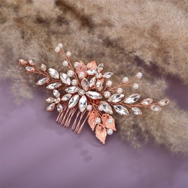 Aimimier Bridal Clear Crystal Hair Comb Beads Leaf Hair Side Comb Flower Rhinestone Marquise Hair Piece Wedding Hair Accessories for Women and Girls (Rose gold)