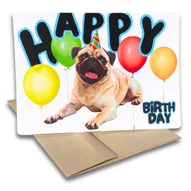 Fava Bean Productions Happy Birthday Card with Dogs, Pug Card (1 Premium Card, 5x7 inches, Blank Inside) Pug Happy Birthday Card, Happy Birthday from Dog, Cute Birthday Card with Pug - 378