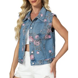 LifeShe Denim Vest Women Sleeveless Casual Floral Printed Jean Waistcoat Jacket