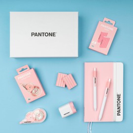 PANTONE Pastel Gift Box - Set Cancelleria con Temperino con Serbatoio, Taccuino Appunti, 2 Gomme da Cancellare, Bianchetto a Nastro 10mt e Penne Gel Nere 0.7 mm, Prodotti Cartoleria per Idee Regalo