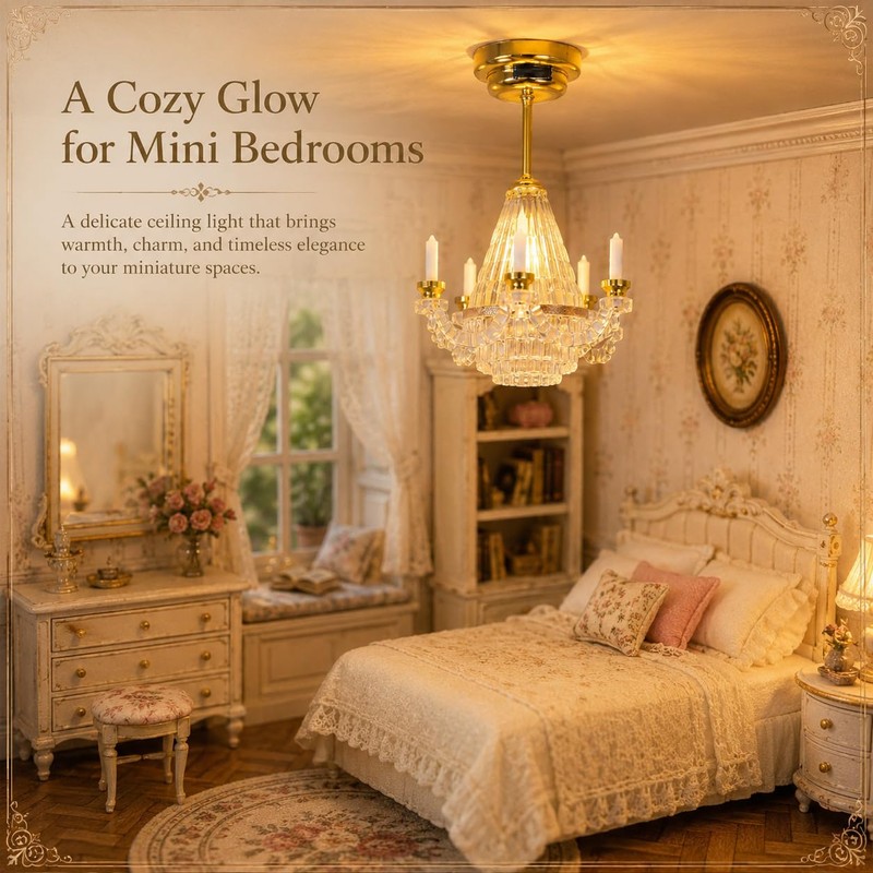 NUOBESTY 1Pc Dollhouse Chandelier Light, 1:12 Scale Miniature Ceiling Lamp