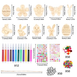Easter Crafts Children, 264 Pieces Wooden Pendants Easter for Painting, DIY Easter Pendant Wood, Easter Eggs for Painting, with Watercolour Pencils, Bells, Rhinestones, Eyes, Pompoms and String