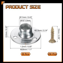 sourcing map 8Pcs M10 T-Nuts, Zinc Plated Steel Brad Hole Tee Nut with Screws, 3-Hole Round Base Weld Nuts 8.2mm Height Through Hole Flange, Silver