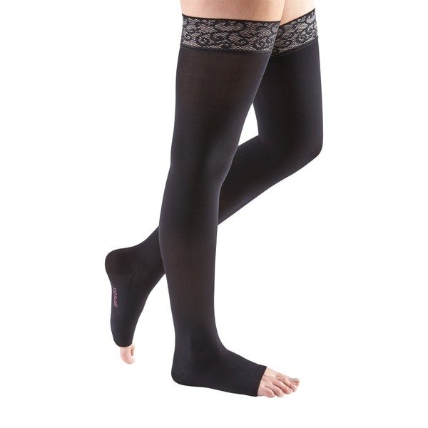 mediven comfort for women, 20-30 mmHg, Thigh High Stockings w/ Lace Top-Band, Open Toe, Ebony, III