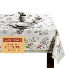 Maison d' Hermine 100% Cotton Table Cover - 60"x60" Square Decorative Tablecloth - Washable Tablecloths for Dining, Home, Farmhouse & Party - for Thanksgiving & Christmas - Christmas Dew Collection
