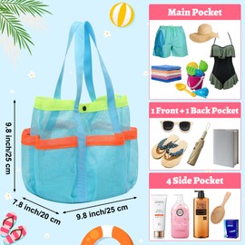 GQIRIL Mesh Beach Bag for Women - 3PCS Foldable Waterproof Sandproof Beach Storage Tote with 6 Pockets, Swim Tropical Vacation Pool Essential for Kid Family Swimmer Travel Cruise (Blue Green Rose Red)