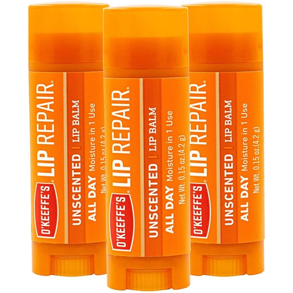 O'Keeffe's Unscented Lip Repair Lip Balm for Dry, Cracked Lips, Stick, (Pack of 3)