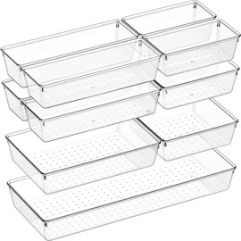 Criusia 11 PCS Clear Plastic Drawer Organizer Set - 5 Large Size Versatile Kitchen and Bathroom Organizer Trays, Non-Slip Storage Bins for Makeup, Utensils, Tool and Office Desk