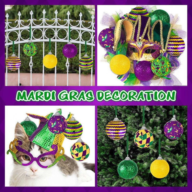 16Pcs Mardi Gras Ball Ornaments, Shatterproof Mardi Gras Decoration Tree