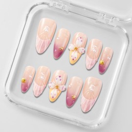 Zfans Almond Shape DreamWear Collection - 100% Handcrafted 3D Press-On Nails | Reusable, Long-Lasting, Salon-Quality Mint Bloom Eco-Friendly Nail Art Set:_Spring Flower Burst_s