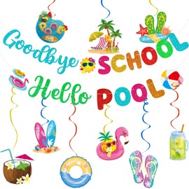 Goodbye School Hello Pool Banner Hanging Swirls for Summer Pool Beach Party Decorations Last Day End of School Year Party Decor Schools Out for Summer Decorations