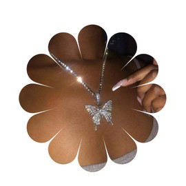 Yheakne Boho CZ Crystal Butterfly Pendant Necklace Silver Tennis Chain Choker Necklace Cubic Tennis Butterfly Necklace Vintage Rhinestone Chain Necklace Jewellery for Women and (Silver)