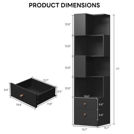 IRONCK Corner Bookshelf, 70.87" Tall Corner Bookcase with Drawers, Corner Shelf Storage Display Rack for Living Room Home Office, Black