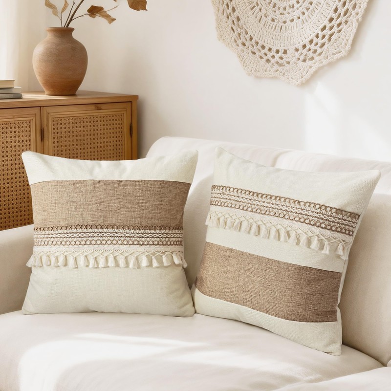 QoBexim Boho Patchwork Linen Pillow Covers with Tassles 18x18 Set