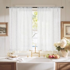 NICETOWN - Cortinas cortas de encaje floral de color blanco marfil de 36 pulgadas de largo, juego de 2 paneles, cortinas traslúcidas de encaje rústico floral clásico para ventanas pequeñas, bolsillo