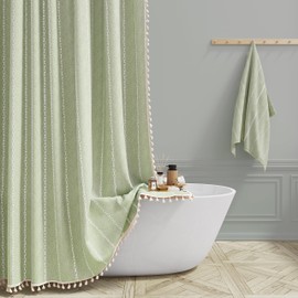 BTTN Sage Green Farmhouse Shower Curtain, Boho Linen Striped Heavy Duty Fabric Shower Curtain Set with Tassel, Bohemian Country Thick Shower Curtain for Bathroom, Wrinkle Free, Water Repellent, 72x72