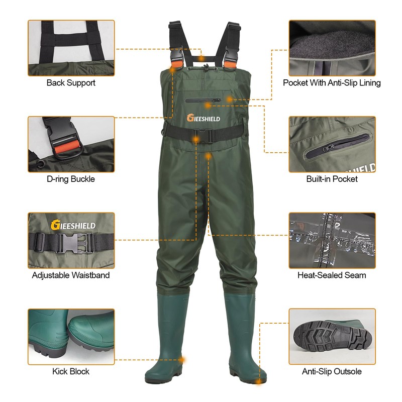 GIEESHIELD Waterproof Bootfoot Chest Waders for Men and Women, Lightweight