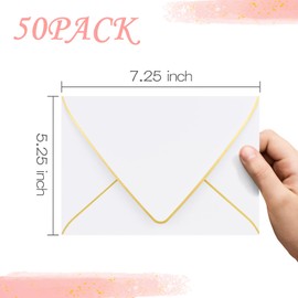 AZAZA 5x7 Envelopes for Invitations with Gold Border,V-Flap Envelopes 50 Pack,A7 Envelopes for Cards,Wedding,Invitations,Baby Shower,All Occasions(White)