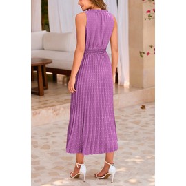 PRETTYGARDEN Women's Midi Summer Dresses Casual V Neck Swiss Dot Ruffle Sleeveless A Line Beach Sun Dress (Purple,Small)