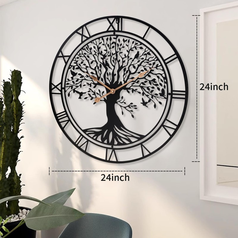 Dankeit Tree of Life Wall Clock, 24Inch Metal Black Family