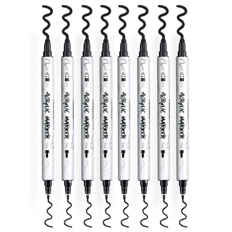 TRANSON 8 Pack Black Bold and Fine Dual-tip Acrylic Paint