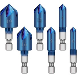KEWAYO 6-Piece Countersink Set, Hexagonal Countersink Drill Bit 90° Angle Chamfer for Metal Wood, Countersunk Drill with Blue Nano Coatings 6/8/9/12/16/19 m