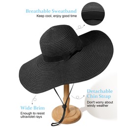 Sun Hats for Women Oversize Wide Brim Straw Beach Hat UV Protection Floppy Foldable Roll-Up Travel Summer Vacation UPF 50+ Black
