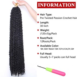 Xtrend 30 Inch 8 Packs Pre twisted Passion Twist Crochet Hair Natural Black Pre-looped Passion Twists Hair Extensions for Women 12Strands/Pack (1B#)